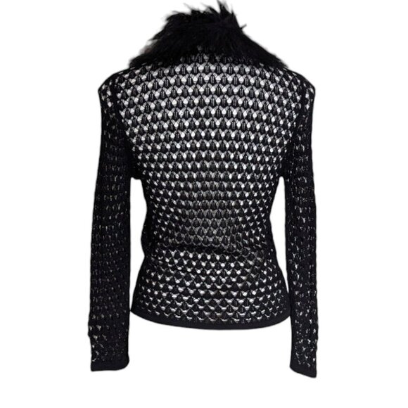 VTG Guess Collection Black Crochet Open Knit Faux Fur Curly Trim Cardigan Y2k - Picture 2 of 8